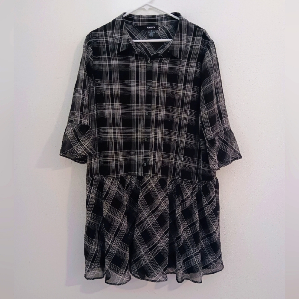 DKNY women's dress size 16 black white plaid drop waist 3/4 length sleeves